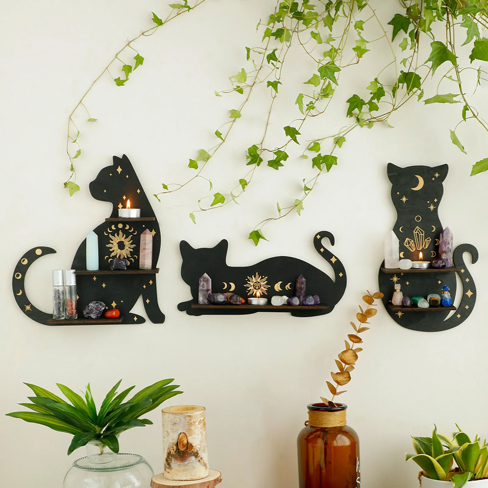 

Black Cat Wooden Shelf Moon Phase Floating Shelf Chakra Crystal Holder Stone Display Stand Wall Decor Witchy Home Decorations