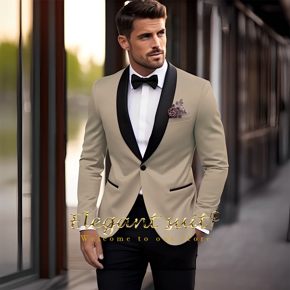 Men\'s Khaki Wedding Black Shawl Collar Suit 2 Piece Suit (Single Button Jacket Black Trousers) Custom Handmade Dress