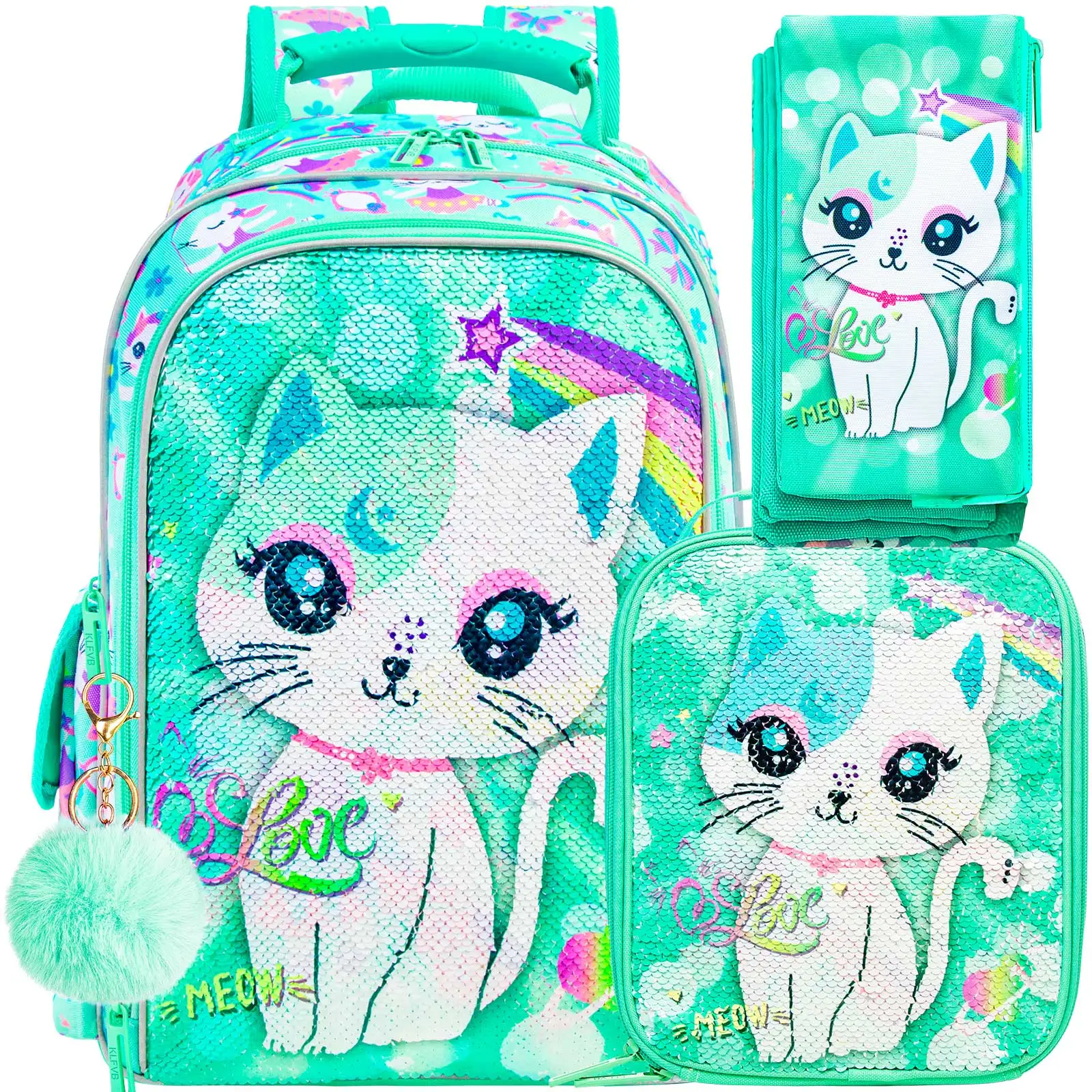 3PCS Girls Backpack, 16”Kids Cat Sequin Bookbag with Lunch Box, Water Resistant School Bag for Elementary Preschool Toddler