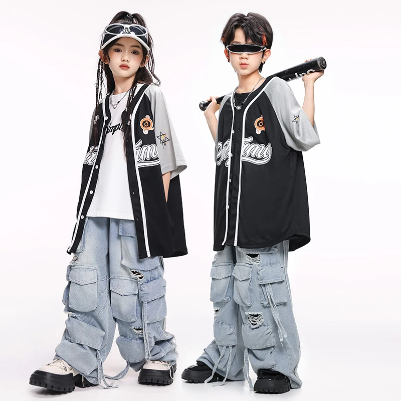 ヒップホップ男の子野球デニムシャツ破れたジーンズ女の子ストリートカーゴパンツ子供ストリートダンス服子供ステージ衣装