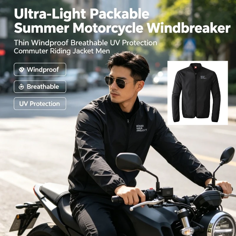 Ultra-Light Packable Summer Motorcycle Windbreaker Thin Windproof Breathable UV Protection Commuter Riding Jacket Men