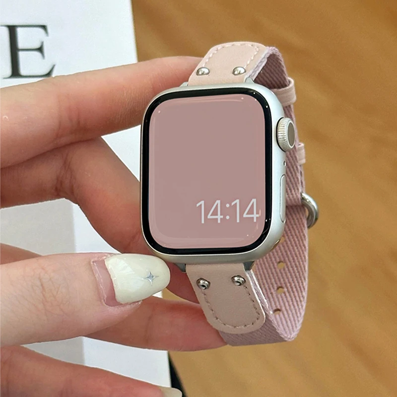 Cute Nylon Leather Pink Strap For Apple Watch 9 8 7 6 SE 5 4 3 Girl Stylish Wristband For iwatch Strap 49MM 45 44MM 38 40 41 MM