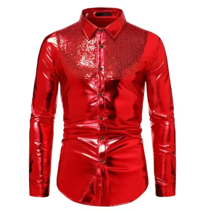 Men's Slim Fit Long Sleeve Shiny Gold Sequin Dress Shirt for 70s Nightclub Party Stage Singer Costume Homme 2025