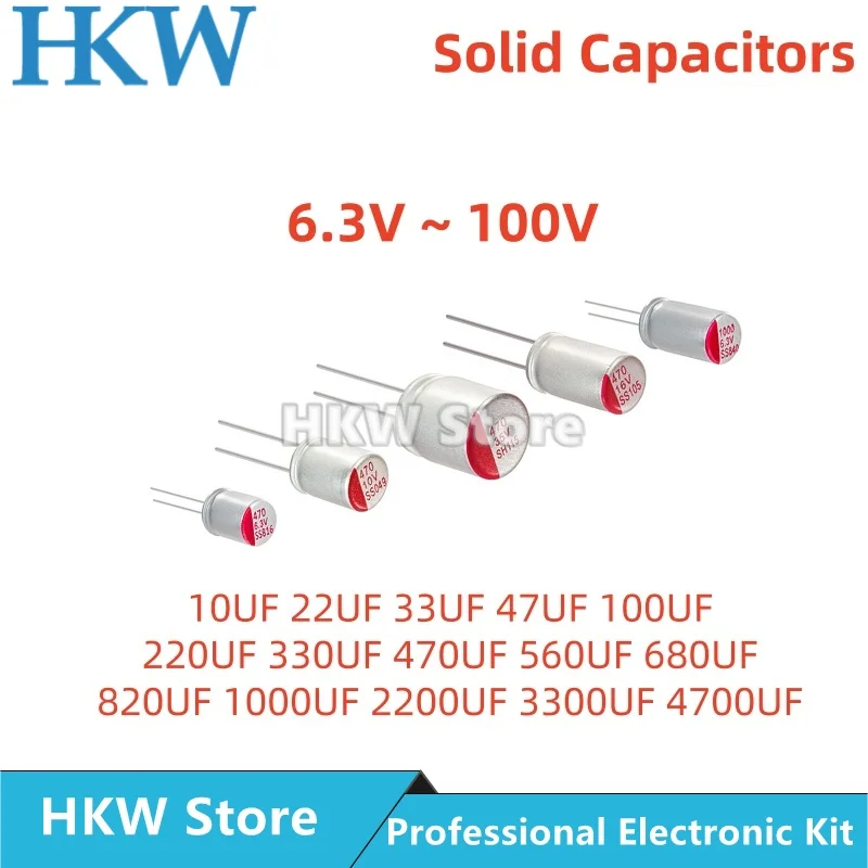 10pcs Capacitores Eletrolíticos Sólidos de Polímero Condutivo DIP de Alumínio Super Baixa ESR 6.3V 16V 25V 35V 50V 63V 100V 10UF~4700UF 10UF 22UF 33UF 47UF 100UF 220UF 330UF 470UF 560UF 680UF 820UF 1000UF 2200UF 3300UF