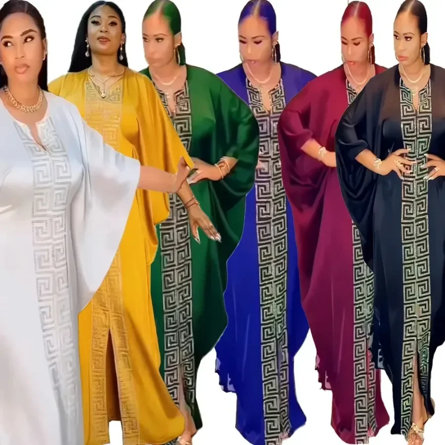 Fashion African woman large size bat sleeve dress Muslim Islamic style robe imitation silk hot Hot Fix Rhinestone