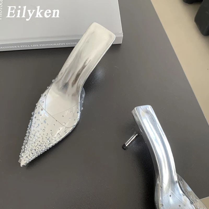 Eilyken Summer Gold Silver Women Slipper Fashion CRYSTAL Pointed Toe Shallow Slip On Mules Thin High Heel Ladies Pumps Sandals