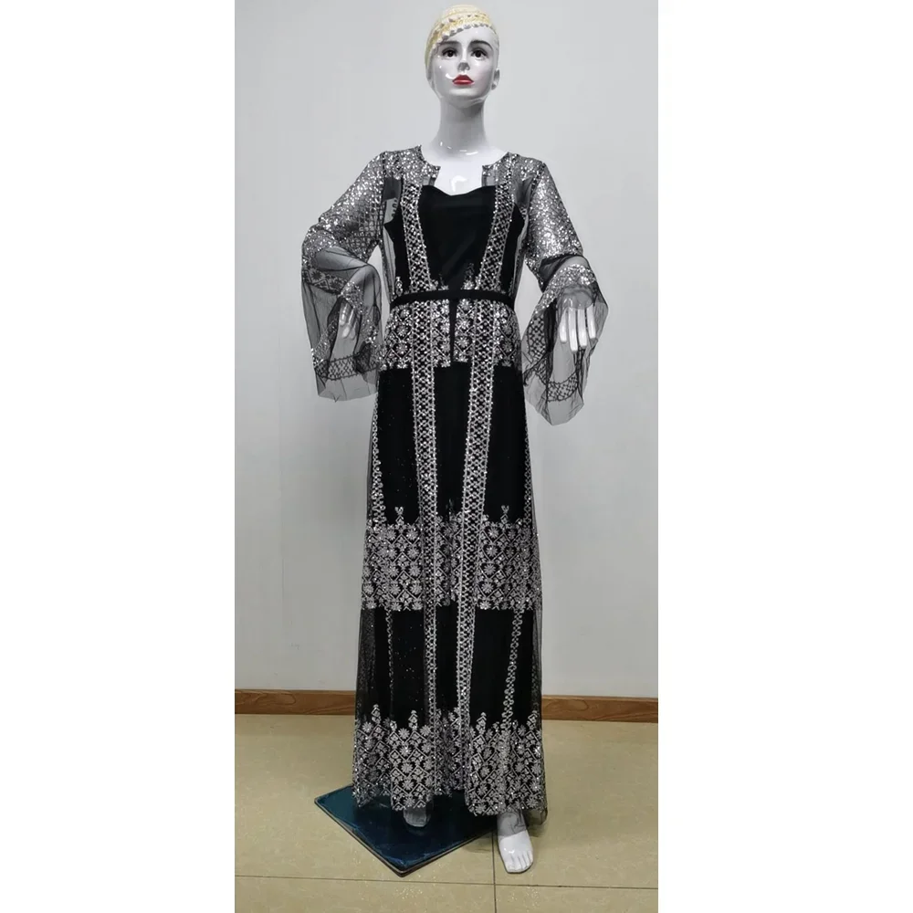 Women\'s Sequined Maxi Dress with Belt, Large Swing Type, Loose Full Flare Sleeve, Summer Dress, Banquet, 2 Pieces Set