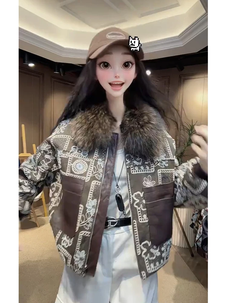 Damska, codzienna, bawełniana kurtka z ociepleniem, patchworkowa, zimowa, ciepła, rekreacyjna, zapinana na zamek, z kwiatowym wzorem.