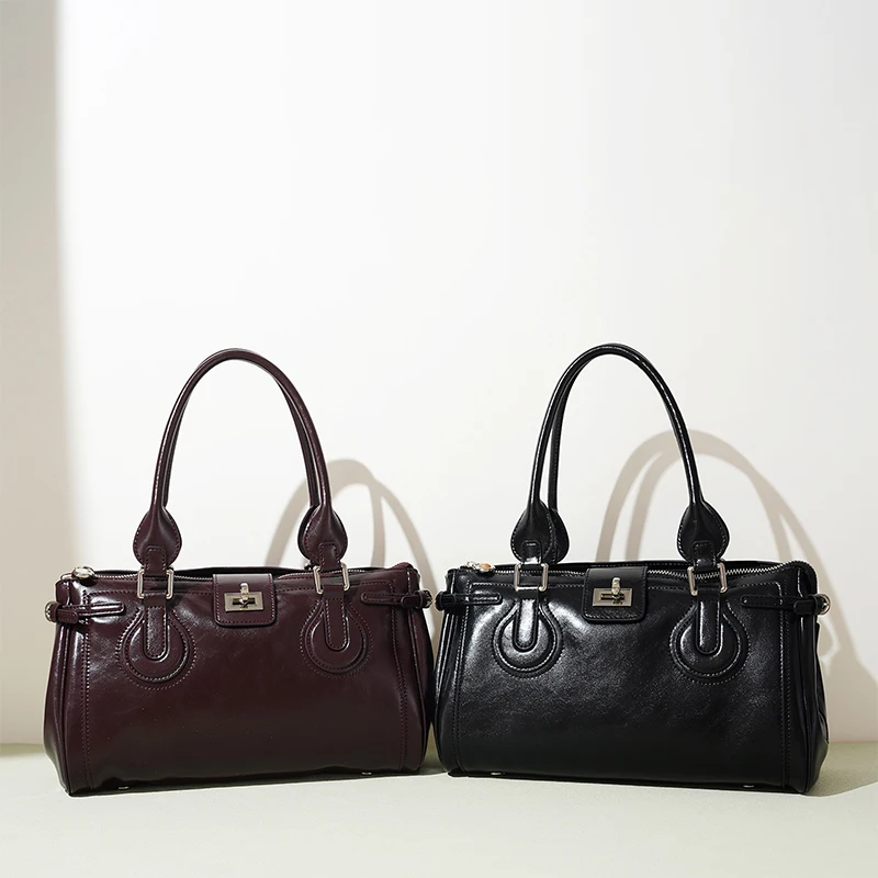 

Brand Genuine Leather Tote Handbag Luxury Lock Design Belt Buckle Fashion Zipper Shoulder Bag Classic Versatile Roomy Briefcase