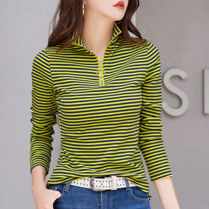 Women Korean Fashion Stand Collar Half Zipper Striped Cotton Basic T-shirt Casual Long Sleeve Slim Pullover Tops Ropa De Mujer