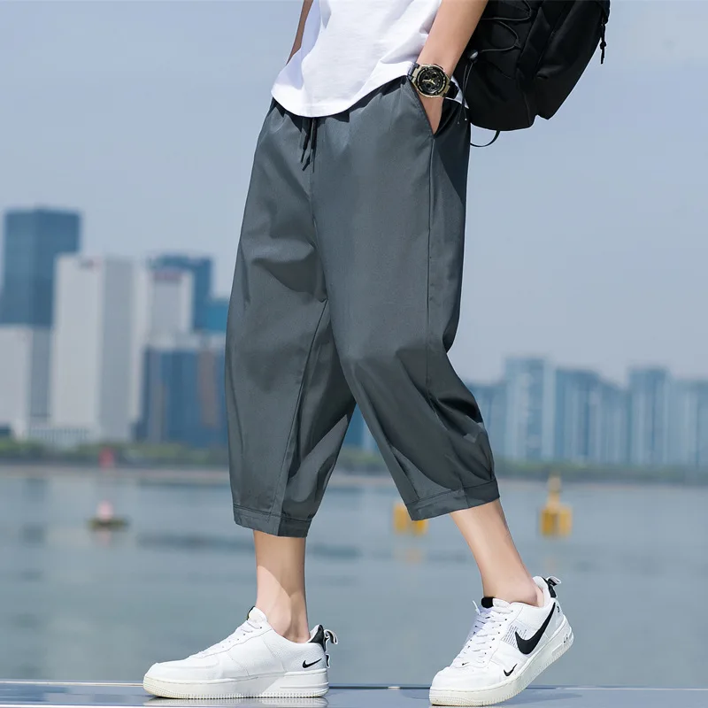 FGKKS Summer Men Casual Pants Ice Silk Thin Solid Color Cropped Pants Fashion Hip Hop Street Sweatpants Male Loose Trousers