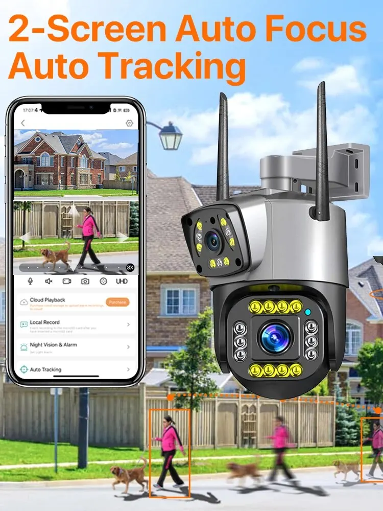 8MP WiFi Security Camera Dual Lens Dual Screen Outdoor Wireless PTZ IP Camera AI Human Detection Home Surveillance Waterproof