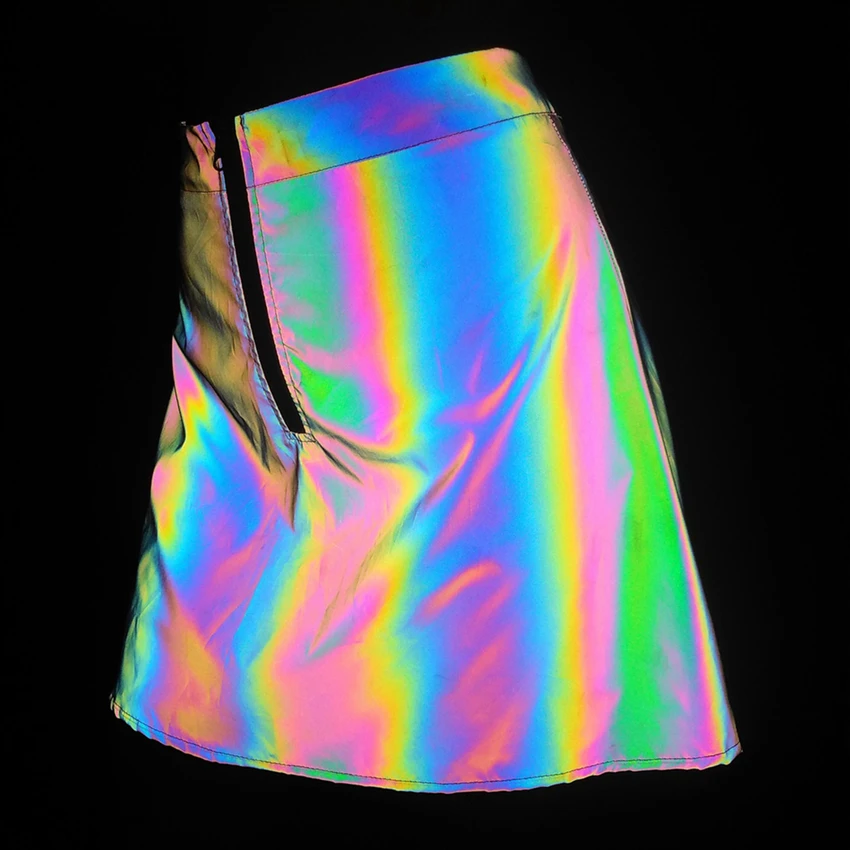 Summer 2025 New High Waist Skirt Women Reflective Colorful A-Line Fashion Lady Streetwear Reflect Light Sundress Femme Jupes