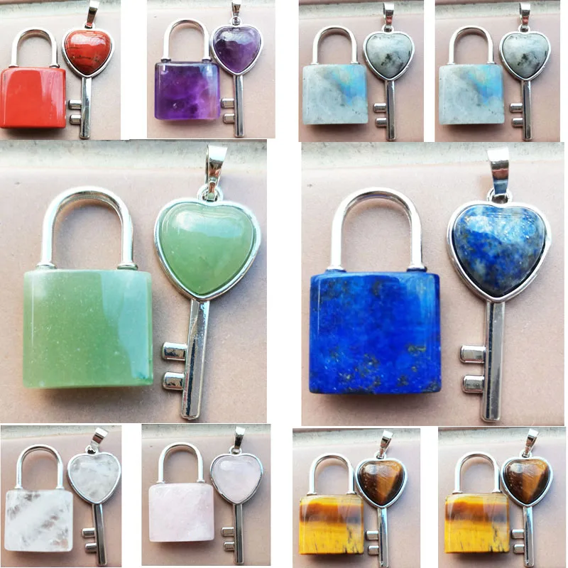 Aventurine Labradorite Tiger Eye Crystal Jaspe Lock Key Set Pendant Bead 2pcs PWB1111
