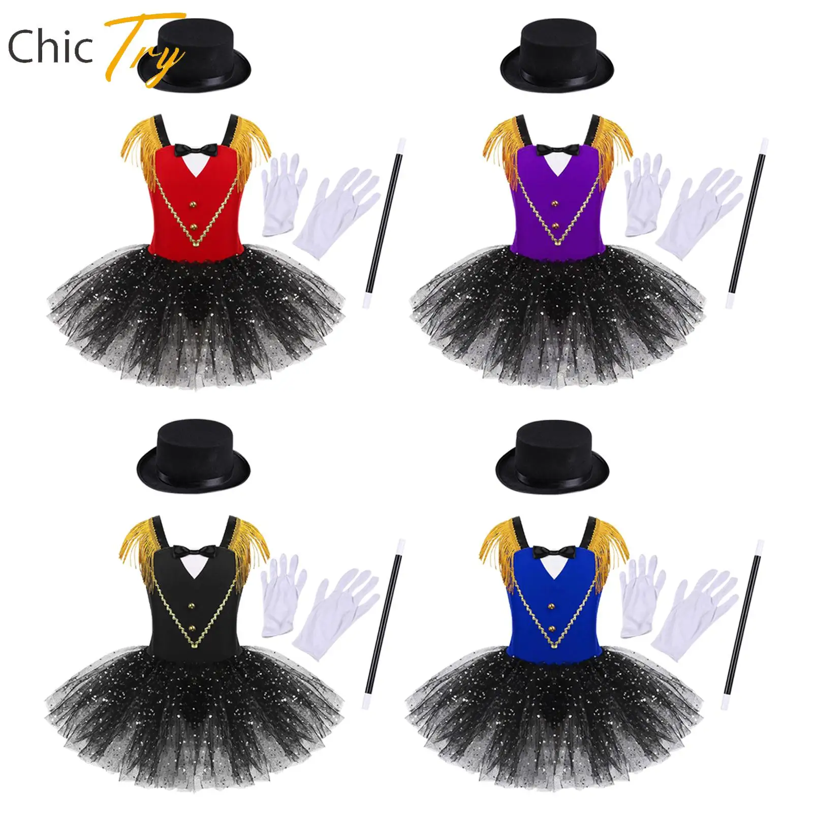 

Kids Girls Circus Ringmaster Showman Costumes Tassel Tutu Leotard Dress for Halloween Party Cosplay with Hat Magic Wand Gloves