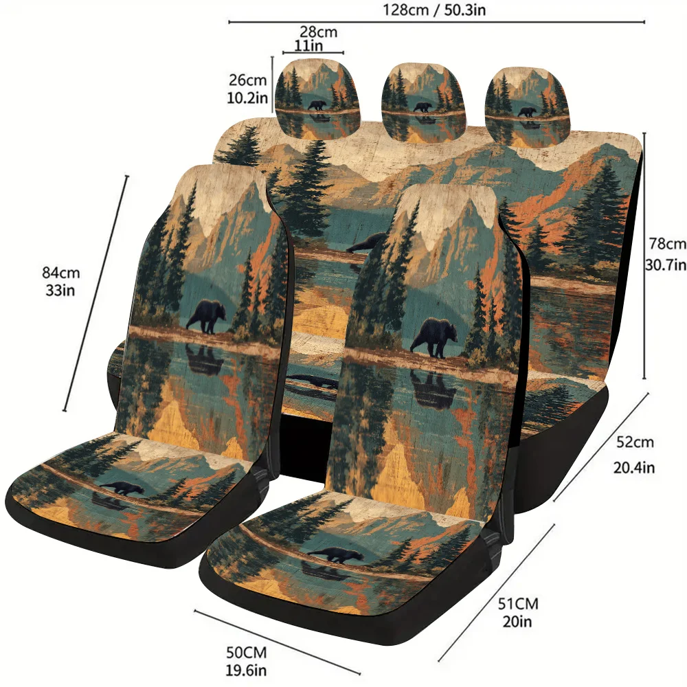 A Complete Set Of Car Seat Covers Featuring A Scenic Painting Of The Reflection Of Black Bear Mountain Lake, Suitable For Most V