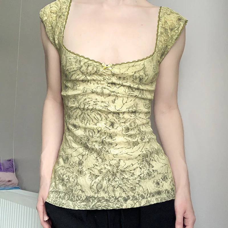 Vêtements pour femmes européennes et américaines ins en ligne célébrité rue dentelle brillante couture maille taille T-shirt à manches courtes