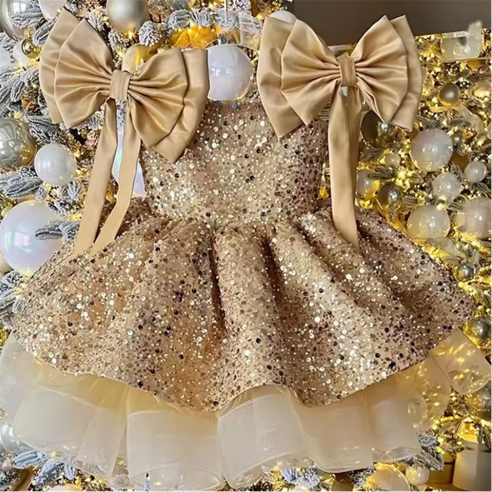 아기 공주님 반짝이 튜튜 플라워 걸 웨딩 드레스 리본 유아용 튤 베스티도 파티 무대 의상 생일 드레스