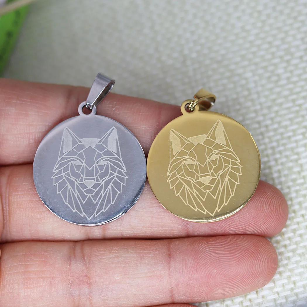 2pcs Geometric Wolf Head Disc Stainless Steel Animal Pendant Charms for Jewelry Making Amulet Gift Necklace DIY Bulk Accessory