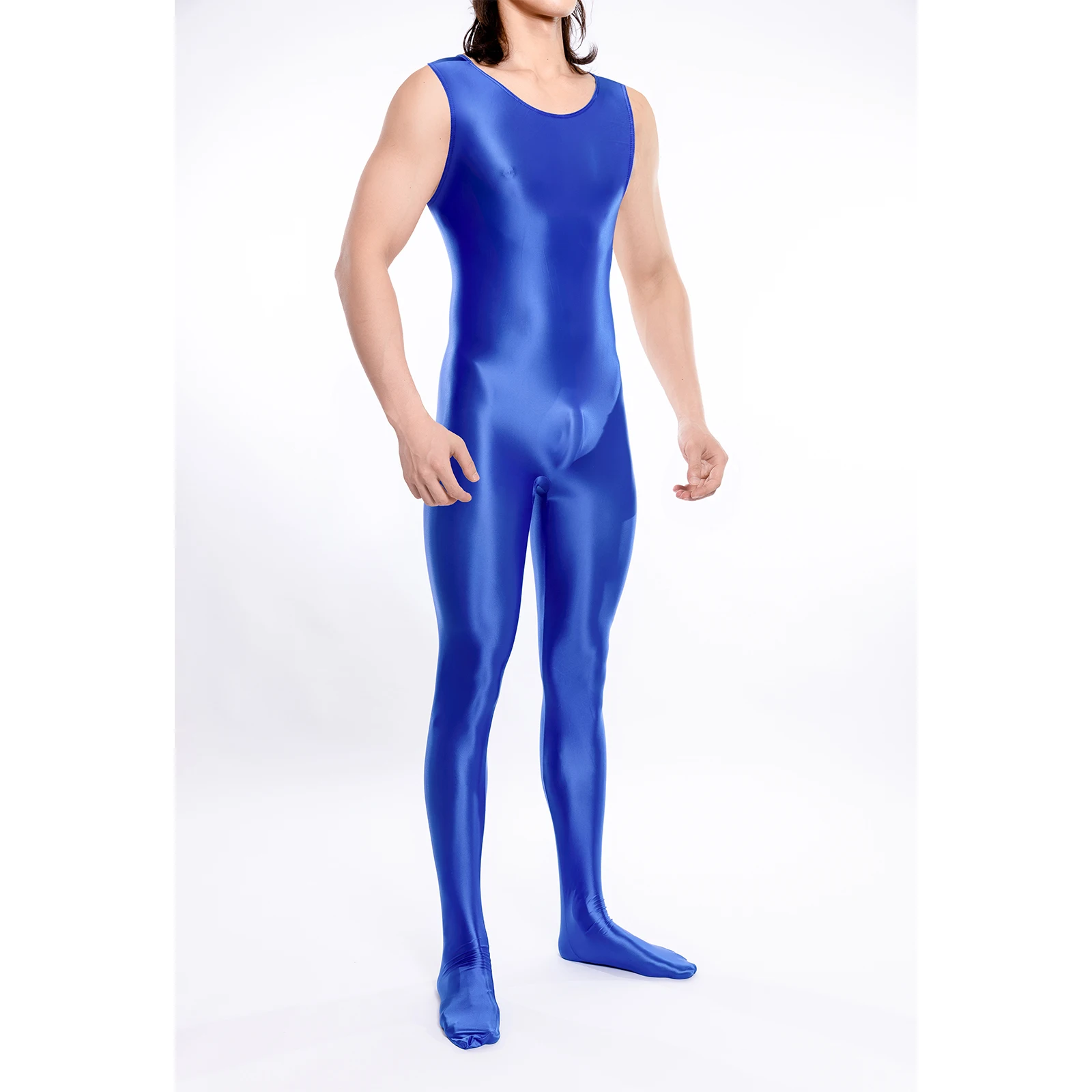 Men Yoga Body-shaped Jumpsuit Costumes Glossy Stretchy Fitness Gym Comfortable Body Legging Sleeveless Footed Bodysuit Jumpsuit