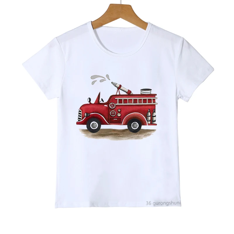 New Hot Selling Boys T-Shirt Cute Construction Truck Excavator Fire Truck Cartoon Print Boys Clothes Fashion Toddler Tshirt Tops