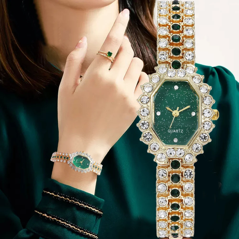 Luxury Women\'s Watch Metal Strap Fashion Distinguished Green Square Rhinestone Set Full Diamond Strap Quartz Watch for Women