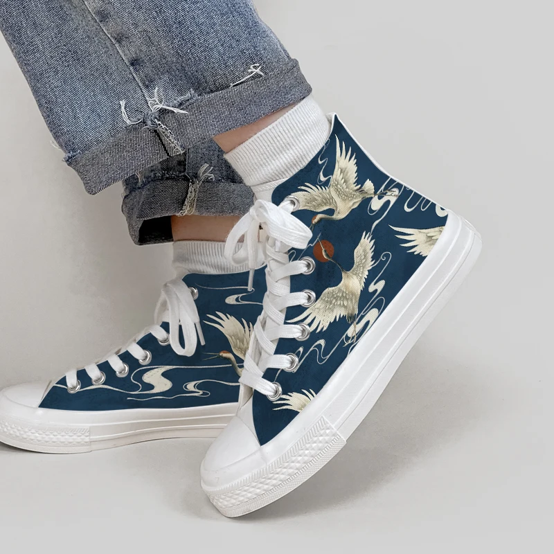 Amy and Michael Original Design Hand Painted Red Crowned Crane Women\'s Sneakers Fashion Tennis Female High Top Flat Canvas Shoes