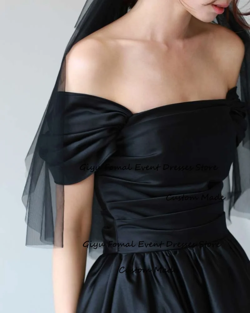 Giyu Simple Off Shoulder A Line Black Evening Dresses Korea Wedding Photoshoot Short Sleeves Corset Back Prom Gowns Formal Party