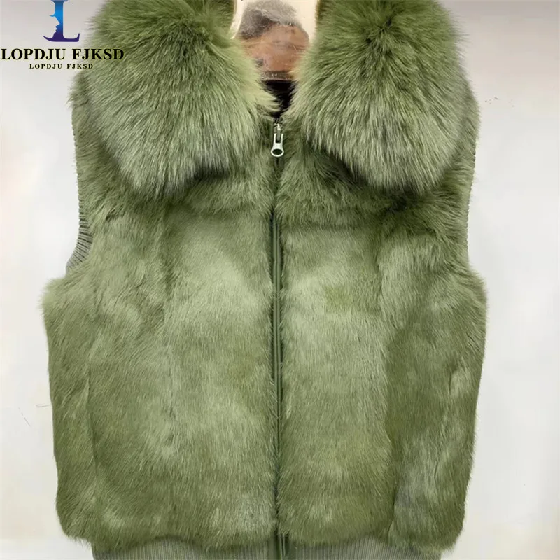 

Real Rex Rabbit Fur Waistcoat Women,Fox Fur Collar Outwear Vests, High Quality Jacket,Sleeveless ,Winter,New,2024