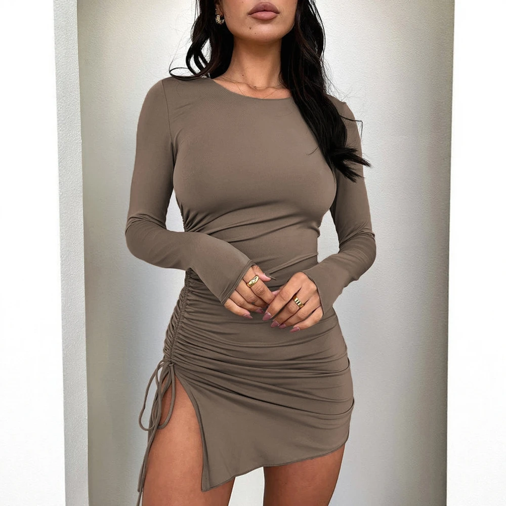 Dames herfstjurk Casual effen veters Lange mouw Ronde hals Basisstijl Gevouwen detail Dagelijks gebruik Mode