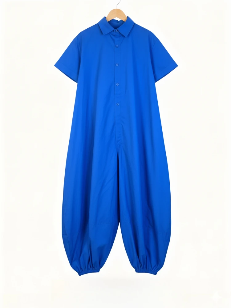 

Женский комбинезон Freeacy оверсайз с отложным воротником, короткими рукавами, на пуговицах, однотонный, с широкими штанинами, повседневный, цельный костюм