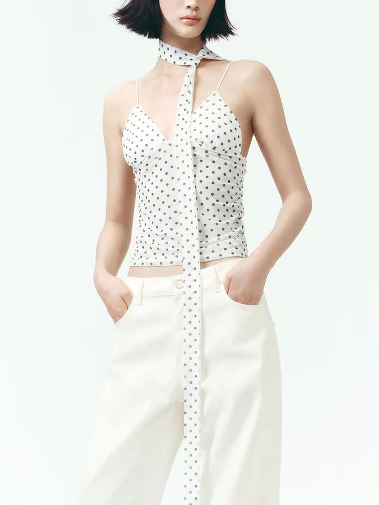 

Romantic Polka Dot Print ter Ne Scarf Detail Top New Summer Collection Women's Faion Ethnic Stage Costume