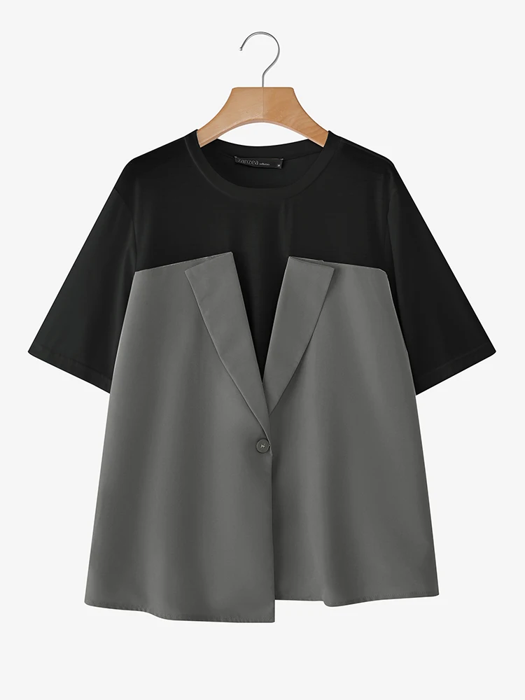 

2025 ZANZEA Patchwok Suit Blouse Fashion Women Short Sleeve Tops Casual Loose Tunic Blusas Solid Color Pullover Fake Two Pieces