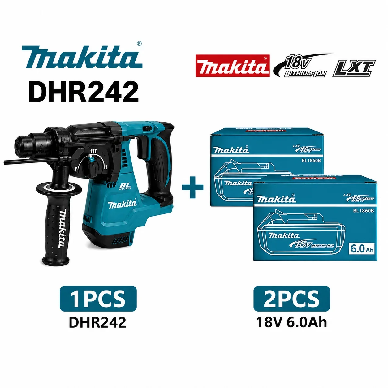 Makita DHR242 18V LXT Bürstenloser Akku-Bohrhammer 24mm SDS Plus 2,0J 4700 BPM 3-Modus Beton-Bohrwerkzeug-Set mit BL1860B BL1840 Akku-Ladegerät