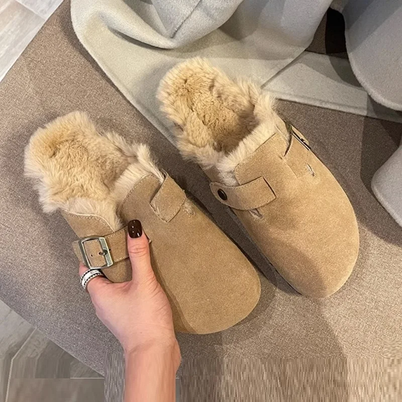 Women\'s Fur Flats Slippers Brand Mules Slip On Winter Shoes Designer Warm Shoes Outwear Buckle Slippers Cow Suede Spring Shoes