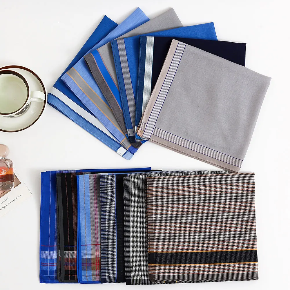 6Pcs Men's Pure Cotton Dyed Handkerchief Summer Thin Absorbent Sweat Wiping Old-fashioned Dyed Checked Soft 43*43cm
