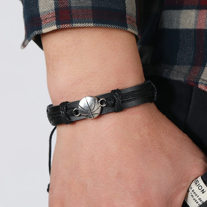 1 Piece Men Vintage Hand Weaven Leather Bracelet Alloy Volleyball Fan Adjustable Bracelet For Men