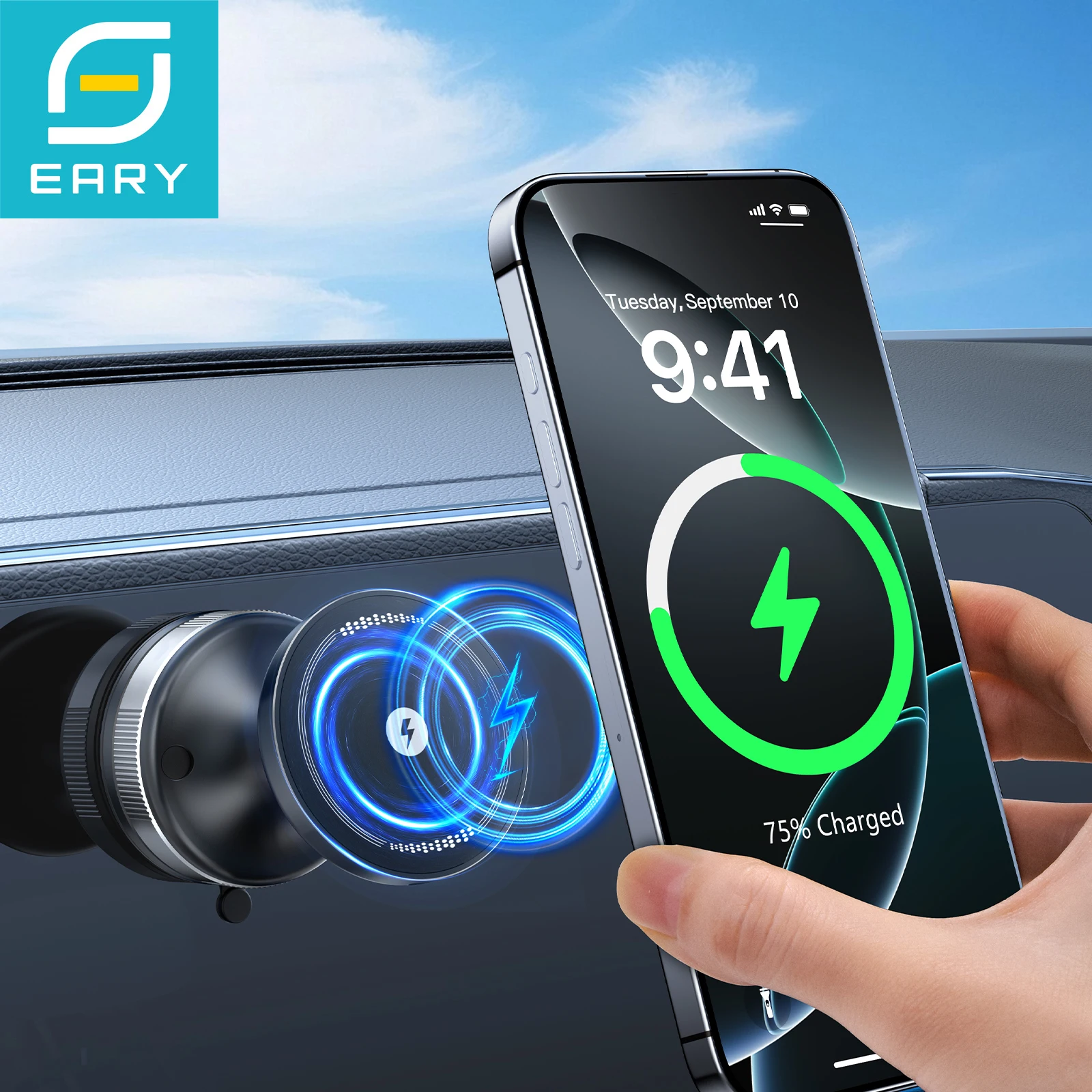 

Eary Car Magnetic Suction Cup Phone Stand Mount Wireless Car Charger 15W Fast Charging 360 Rotate Holder fits for iPhone Samsung