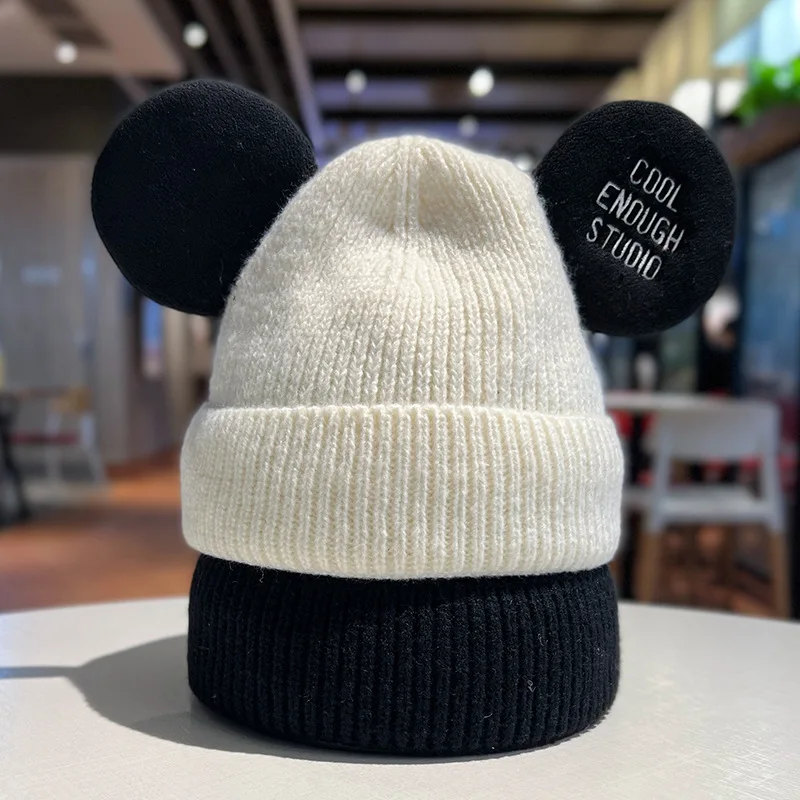 Disney Mickey Mouse Knitted Bonnets Cute Mickey Ears Winter Warm Hats for Women Cartoon Beanie Fashions Casual Outdoor Caps