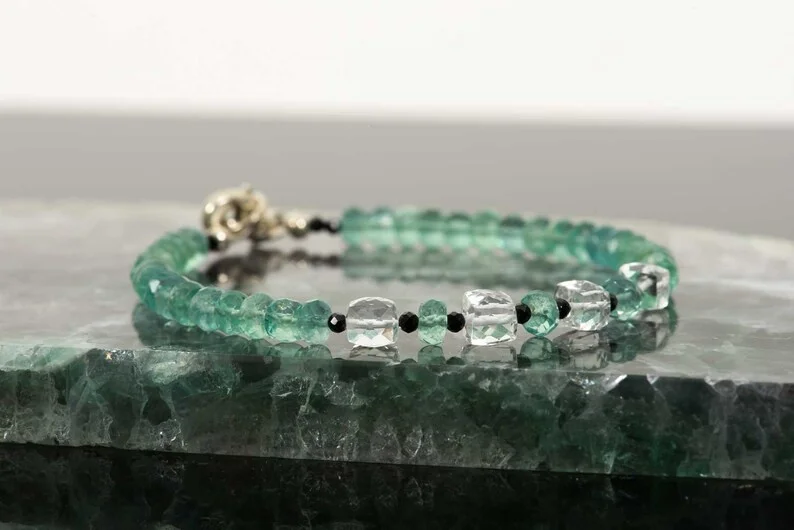 Green Fluorite White Quartz and Black Spinel Delicate Bracelet, Genuine Green Gemstone Sparkle Jewelry