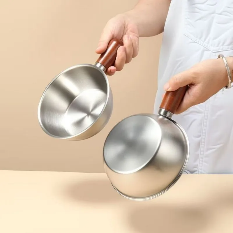 Stainless Steel Instant Noodle Pot One Person High Gloss Peach Wood Handle Mini Cooker Baby Food Milk Pot Snack Pan