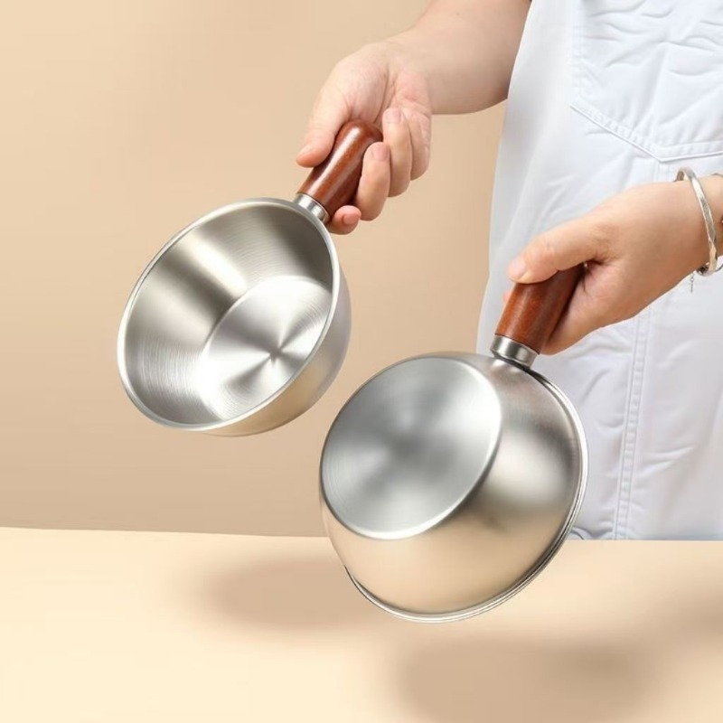  Stainless Steel Instant Noodle Pot One Person High Gloss Peach Wood Handle Mini Cooker Baby Food Milk Pot Snack Pan 