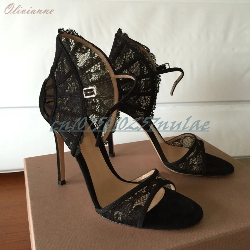 

Black Hot Girls Sexy Lace Decor Pointy Pumps Ankle Buckle Stiletto High Heel Party Fashion Women Shoes 2025 Summer Para Mujere