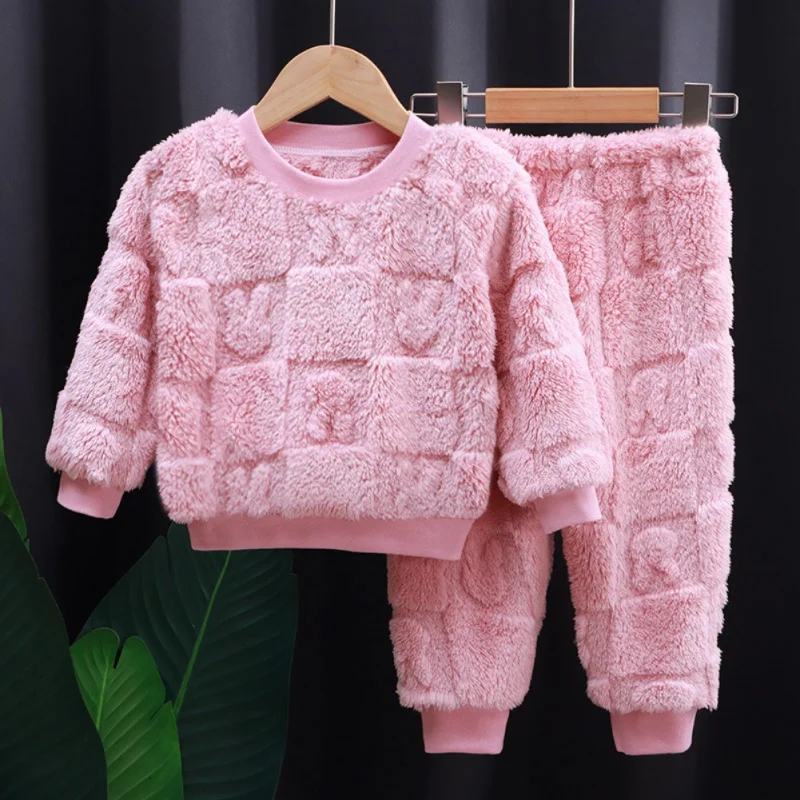 Children\'s Girls Boys Flannel Pajamas Set Winter Warm Sleepwear Long Sleeve Tops+Pants Suits Baby Kid Solid Home Sleep Clothing