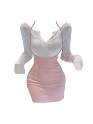 2023 Summer Sexy Women Slim Outfits 2 Piece Set V-Neck Crop Tops +Pink Wrap Hip High Waist Spaghetti Strap Dress Gyaru Coquette