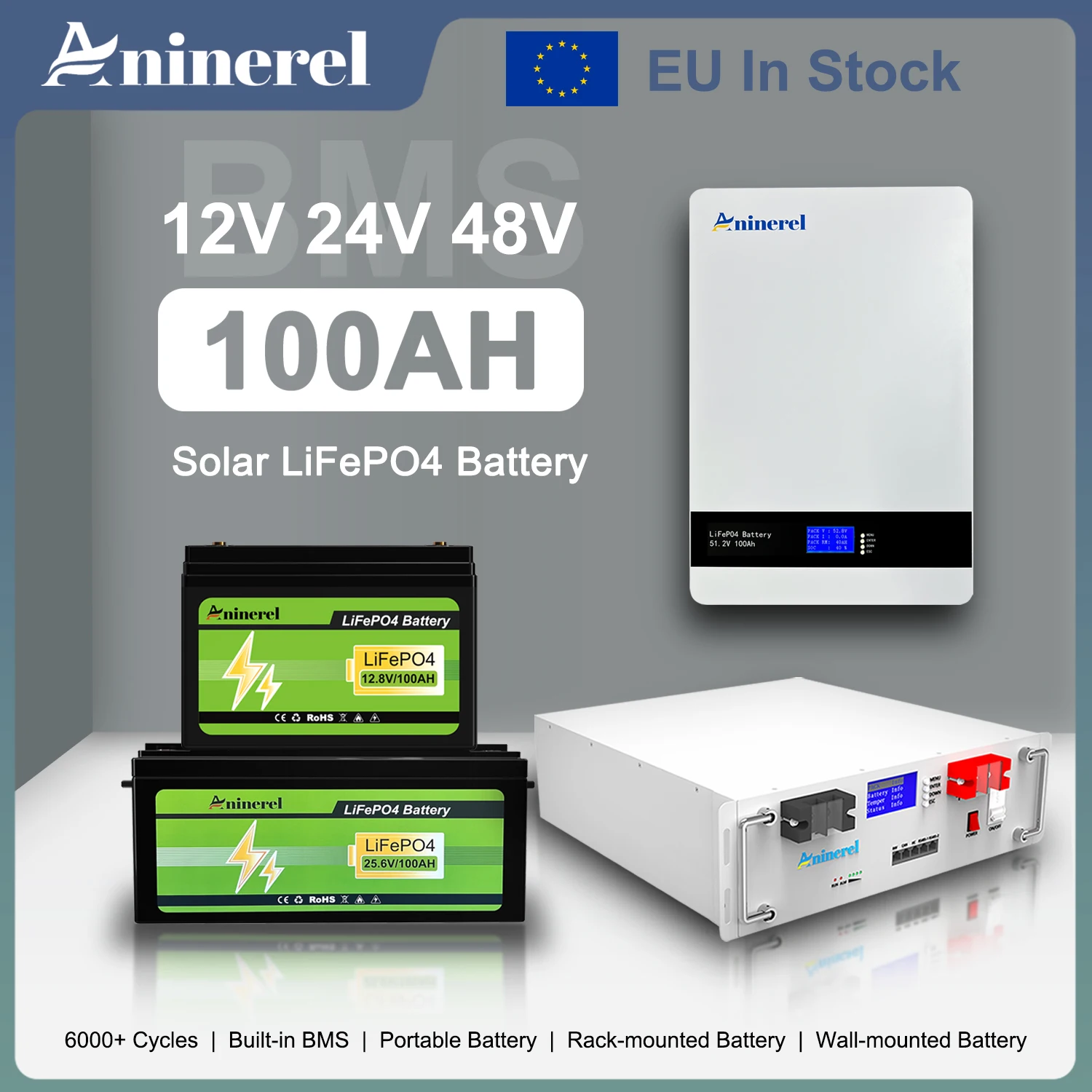 Aninerel 12V 24V 48V Solar Storage Battery 100AH 300AH Bluetooth Outdoor LiFePO4 Battery 6000 + Cycles Buillt-in BMS For Home Rv EU In Stock