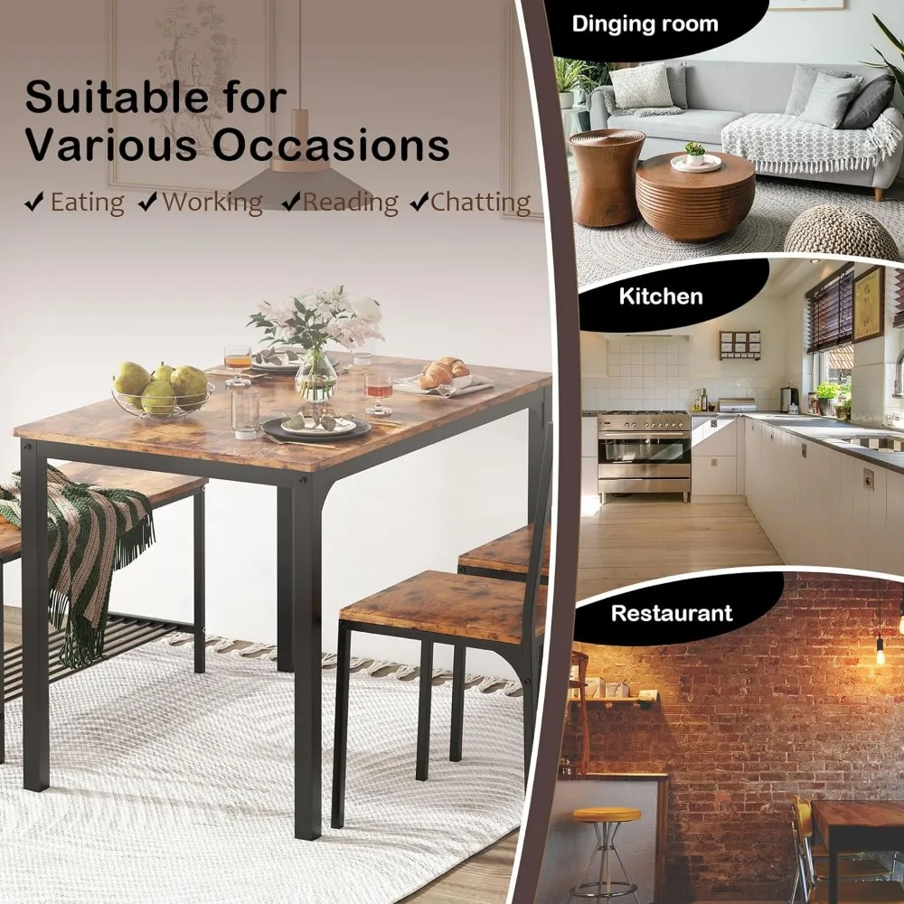 4 Person Dining Table Set, 43.3inch Kitchen Table Set for 4,Dining Room 2 Chairs with Backrest, 2-Person Bench with Storage Rack