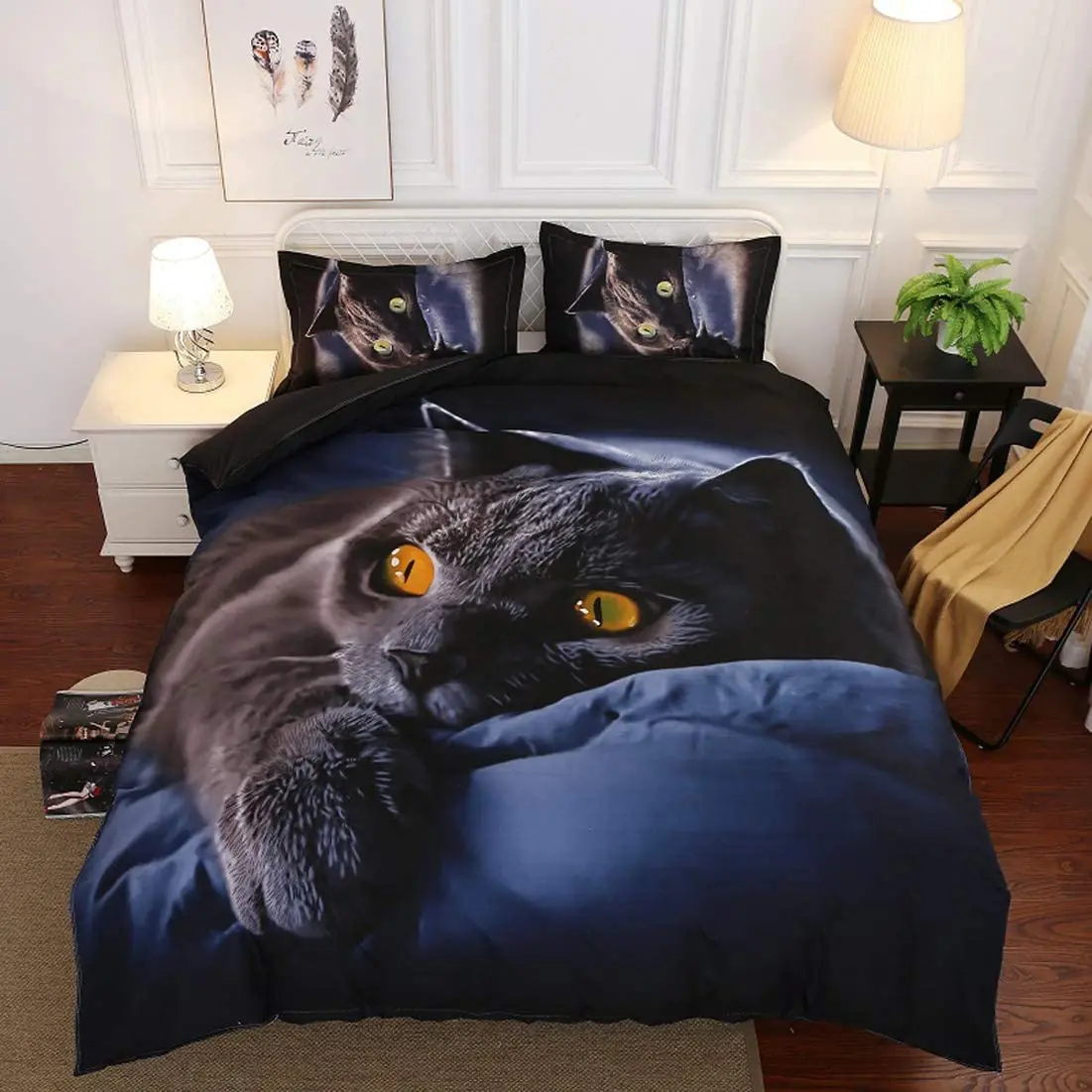 Juego de ropa de cama de gato negro para niños y adultos, funda de edredón suave de microfibra con fundas de almohada, 220x240