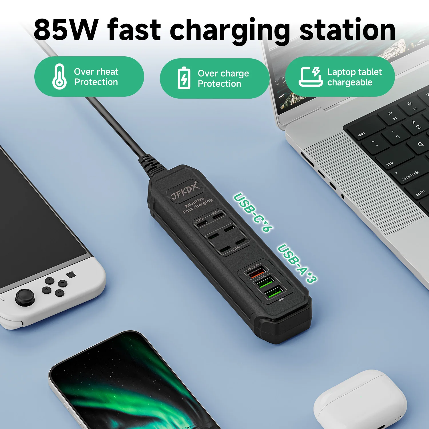 85W EU UK US Plug Multi-Port Fast USB Charger With 1.5m Cable USB-A & USB-C Ports Portable Power Adapter For Phones USB Device