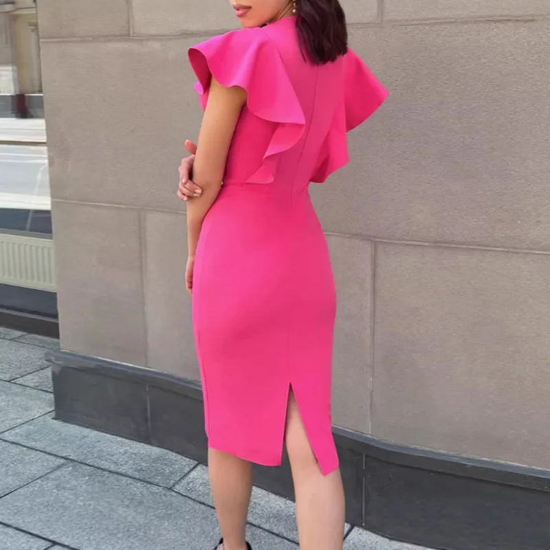 

Office Lady O Neck High Waist Wrap Hips Dress Temperament Fit Irregular Split Dresses Elegant Flying Sleeve Solid Bodycon Dress